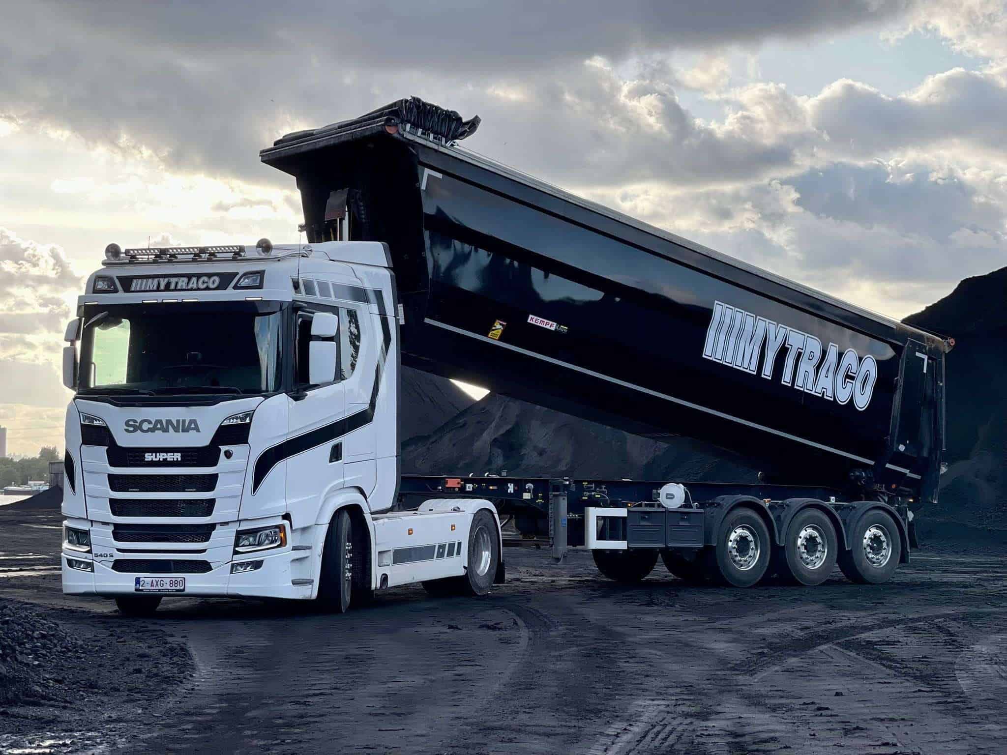 Mytraco Scania kipper in actie – losgestort bulk transport België